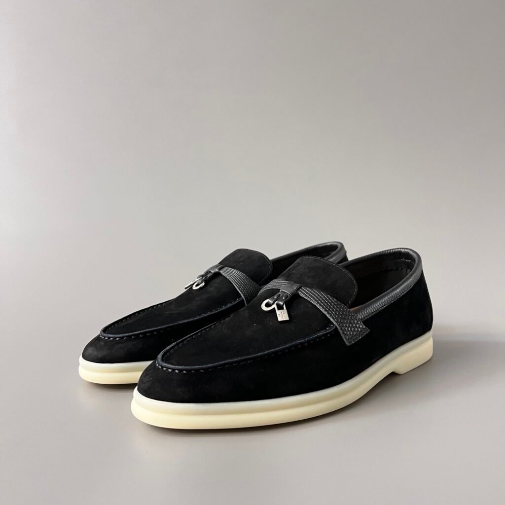 Aurora Custom Loro Piana Classic Summer Charms Walk Loafer - Black Suede with Lizard-Embossed Leather Trim (Women's Edition)