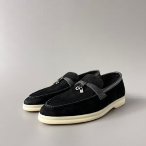 Aurora Custom Loro Piana Classic Summer Charms Walk Loafer - Black Suede with Lizard-Embossed Leather Trim (Women's Edition)