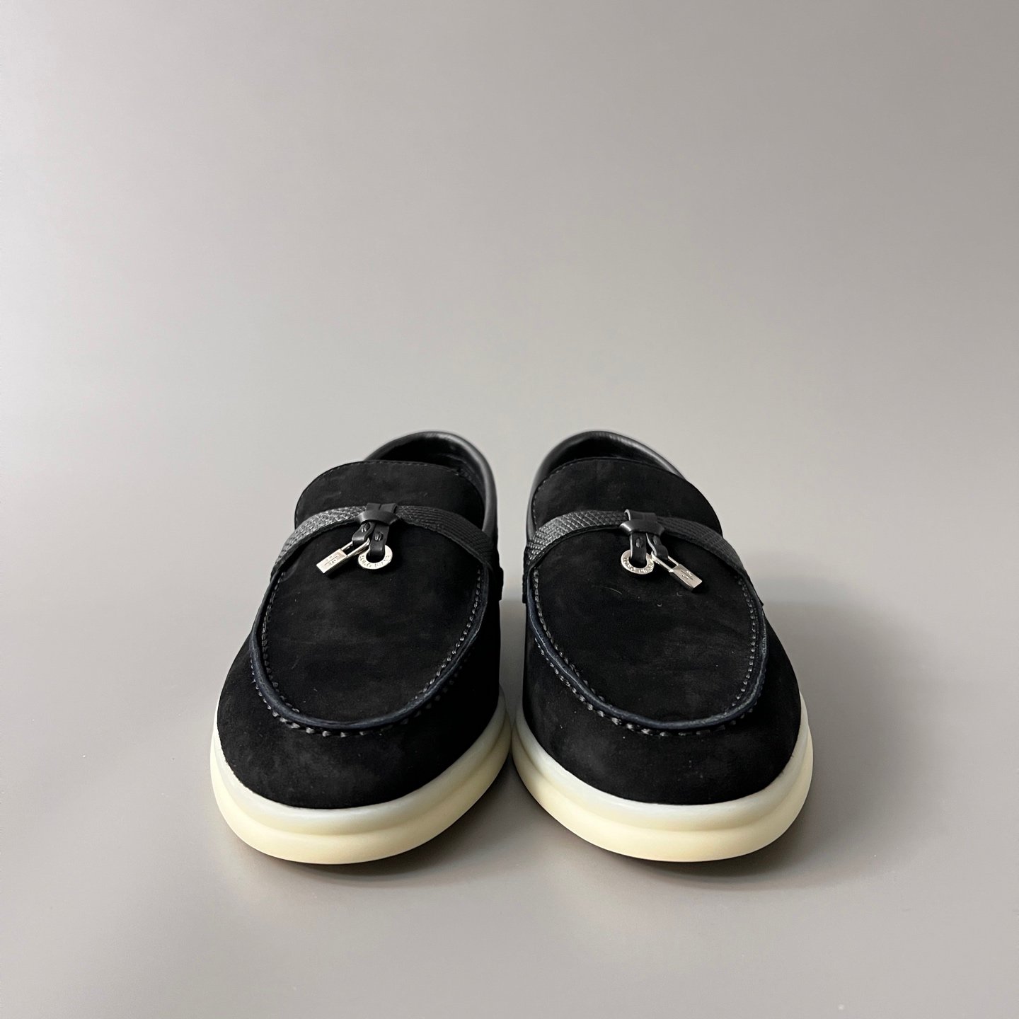 Aurora Custom Loro Piana Classic Summer Charms Walk Loafer - Black Suede with Lizard-Embossed Leather Trim (Women's Edition) - Image 2