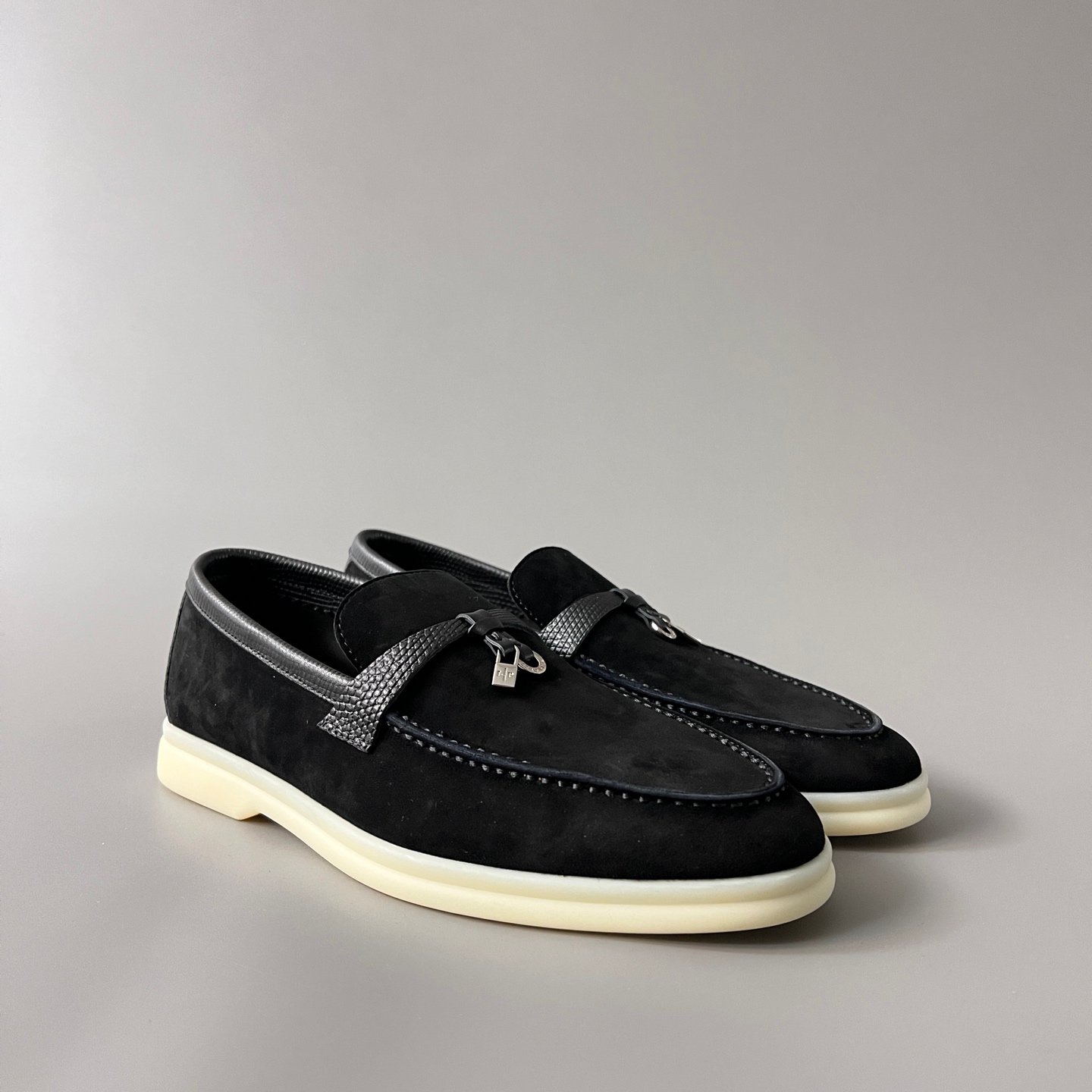 Aurora Custom Loro Piana Classic Summer Charms Walk Loafer - Black Suede with Lizard-Embossed Leather Trim (Women's Edition) - Image 3