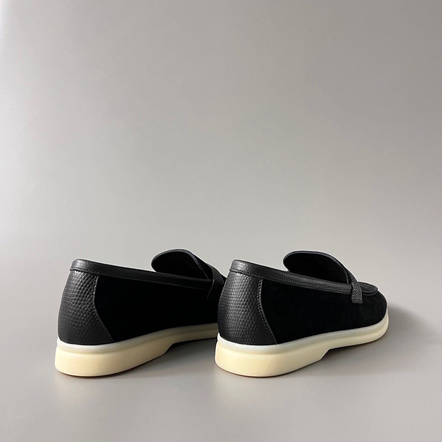Aurora Custom Loro Piana Classic Summer Charms Walk Loafer - Black Suede with Lizard-Embossed Leather Trim (Women's Edition) - Image 4