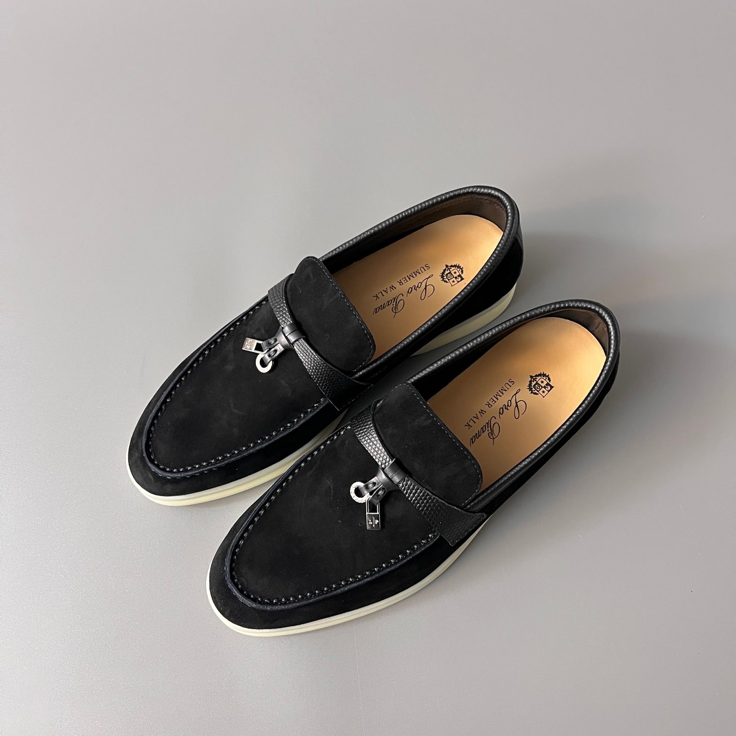Aurora Custom Loro Piana Classic Summer Charms Walk Loafer - Black Suede with Lizard-Embossed Leather Trim (Women's Edition) - Image 8