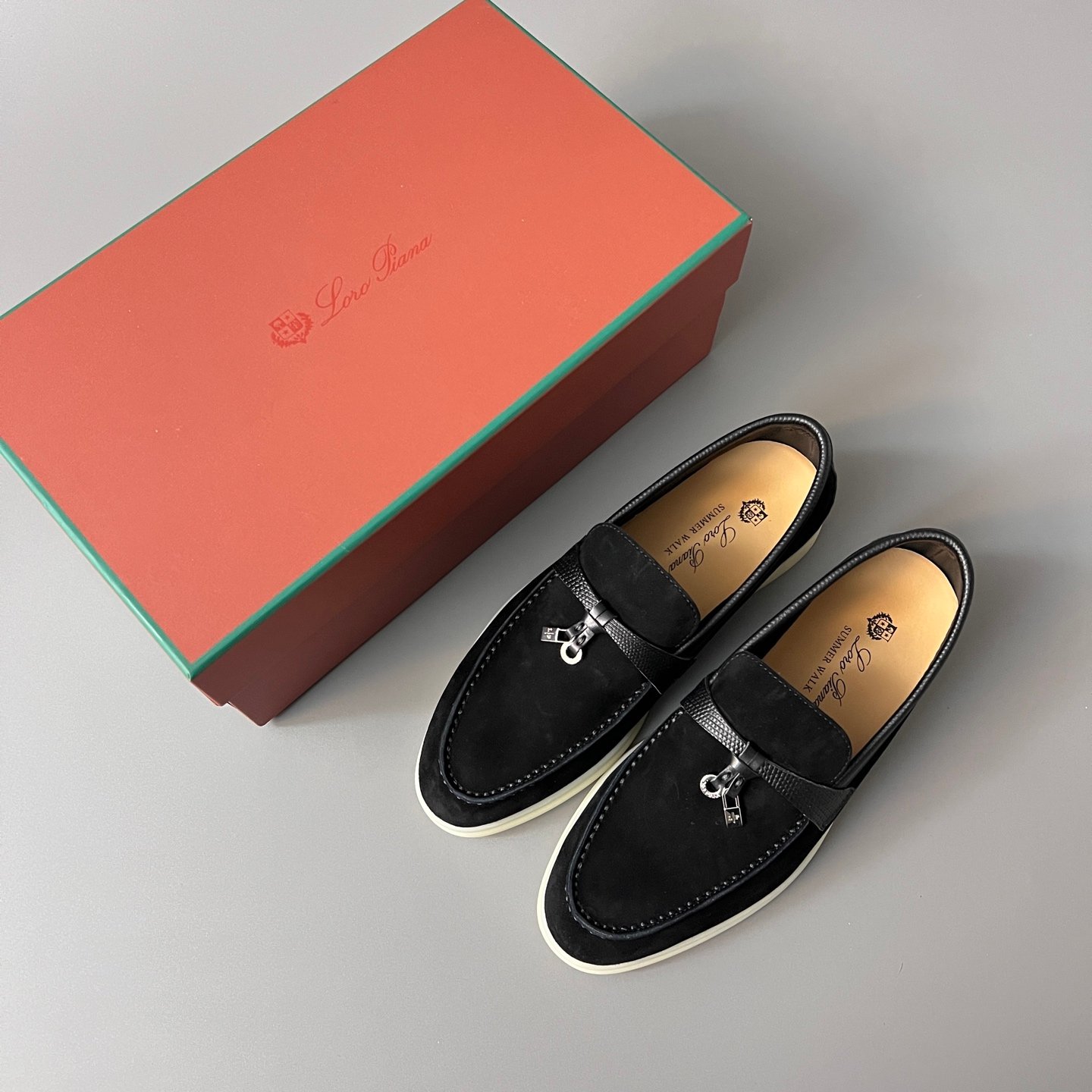 Aurora Custom Loro Piana Classic Summer Charms Walk Loafer - Black Suede with Lizard-Embossed Leather Trim (Women's Edition) - Image 9