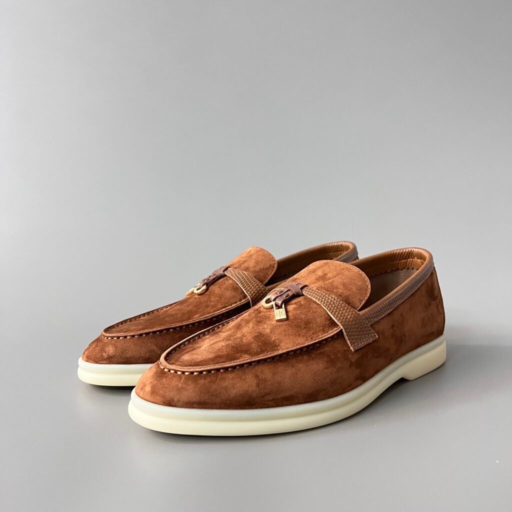 Aurora Custom Loro Piana Classic Summer Charms Walk Loafer - Tobacco Brown Suede with Lizard-Embossed Leather Trim (Women's Edition)