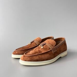 Aurora Custom Loro Piana Classic Summer Charms Walk Loafer - Tobacco Brown Suede with Lizard-Embossed Leather Trim (Women's Edition)