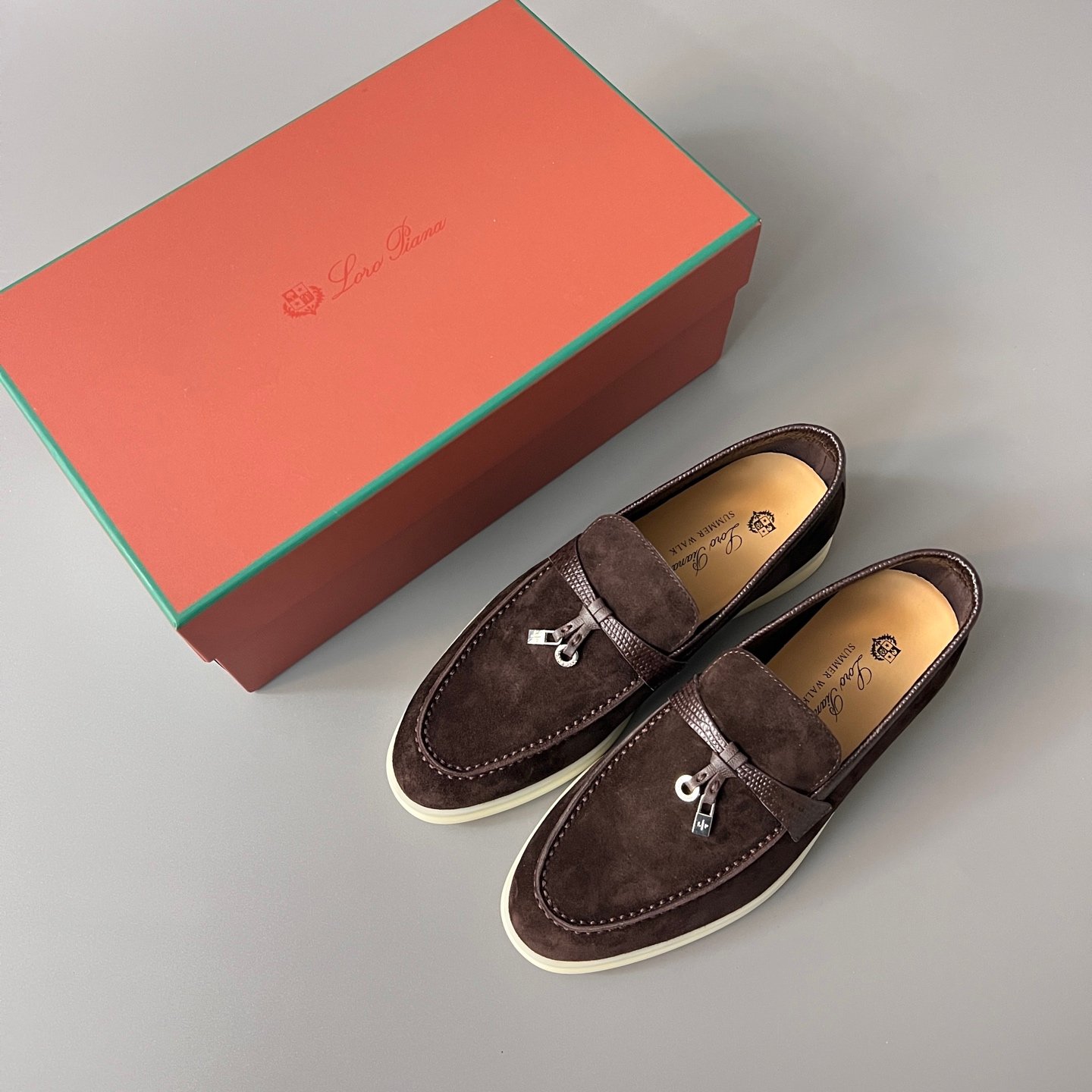 Aurora Custom Loro Piana Classic Summer Charms Walk Loafer - Dark Chocolate Suede with Lizard-Embossed Leather Trim (Women's Edition) - Image 9