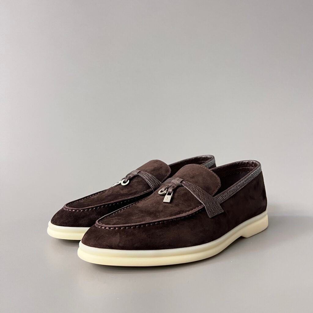 Aurora Custom Loro Piana Classic Summer Charms Walk Loafer - Dark Chocolate Suede with Lizard-Embossed Leather Trim (Women's Edition)