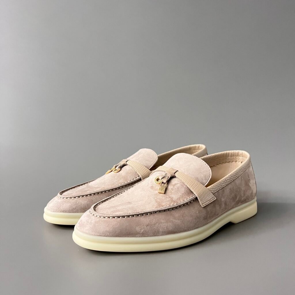 Aurora Custom Loro Piana Classic Summer Charms Walk Loafer - Oatmeal Beige Suede with Lizard-Embossed Leather Trim (Women's Edition)