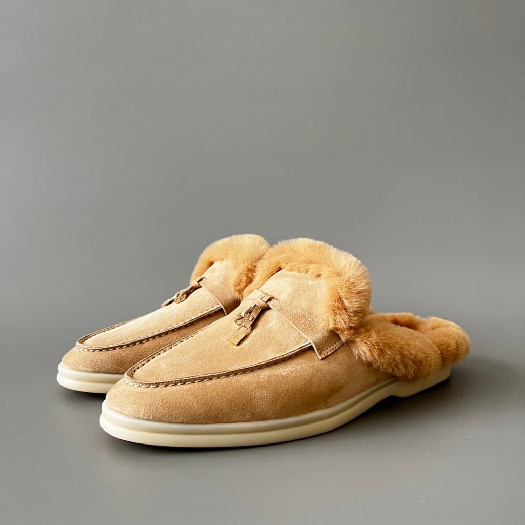 Aurora Custom Loro Piana Classic Summer Charms Walk Winter Mule - Light Brown Suede with Rex Rabbit Fur Lining (Women's Edition)