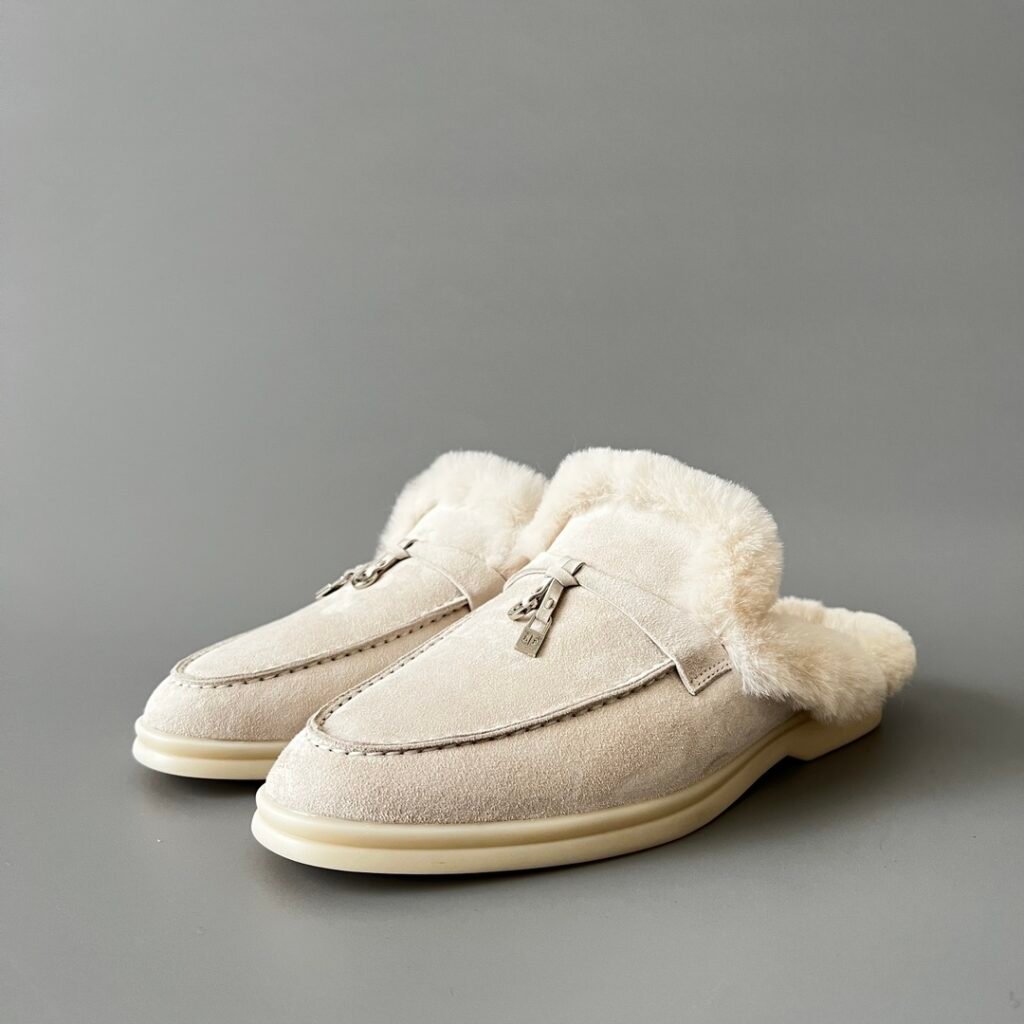 Aurora Custom Loro Piana Classic Summer Charms Walk Winter Mule - Alabaster Suede with Rex Rabbit Fur Lining (Women's Edition)