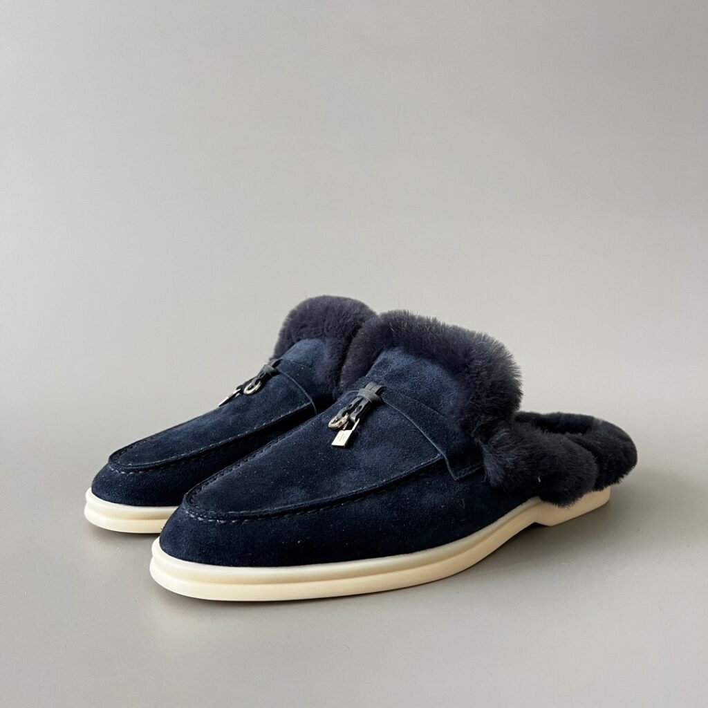 Aurora Custom Loro Piana Classic Summer Charms Walk Winter Mule - Midnight Navy Suede with Rex Rabbit Fur Lining (Women's Edition)