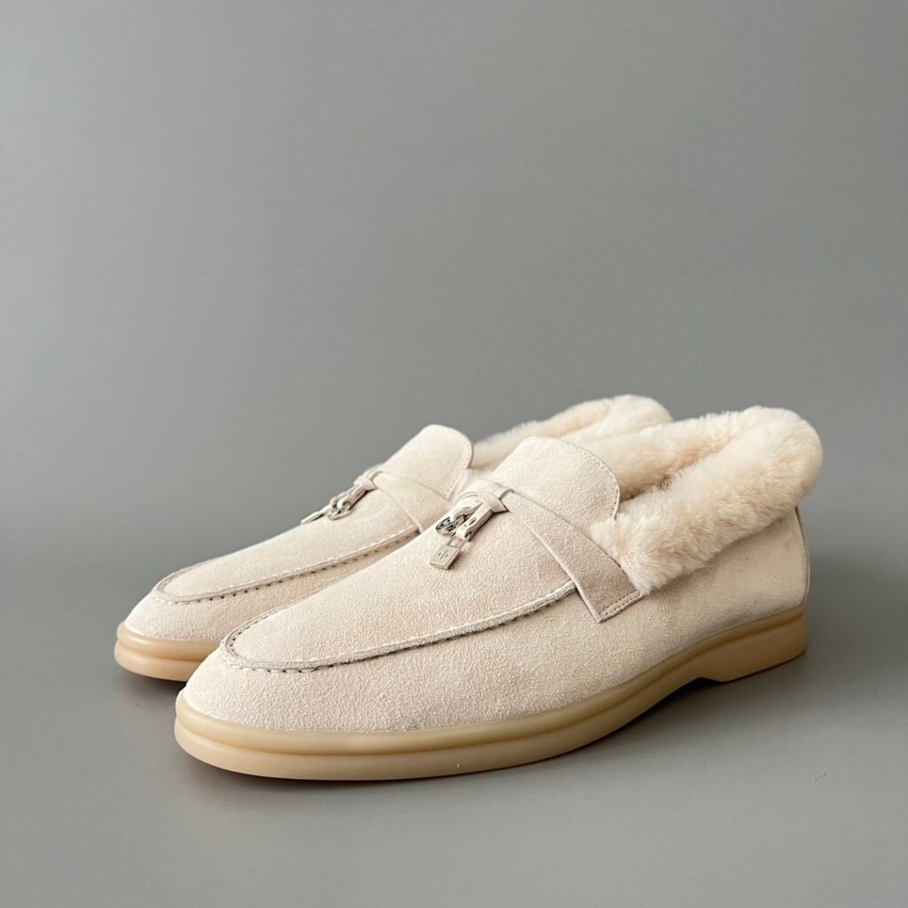 Aurora Custom Loro Piana Classic Winter Walk Loafer - Alabaster Suede with Rex Rabbit Fur Lining & Silver Hardware Edition (Women's Edition)