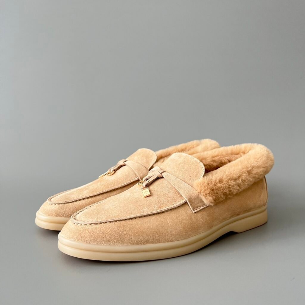 Aurora Custom Loro Piana Classic Winter Walk Loafer - Oatmeal Beige Suede with Rex Rabbit Fur Lining & Gold Hardware Edition (Women's Edition)