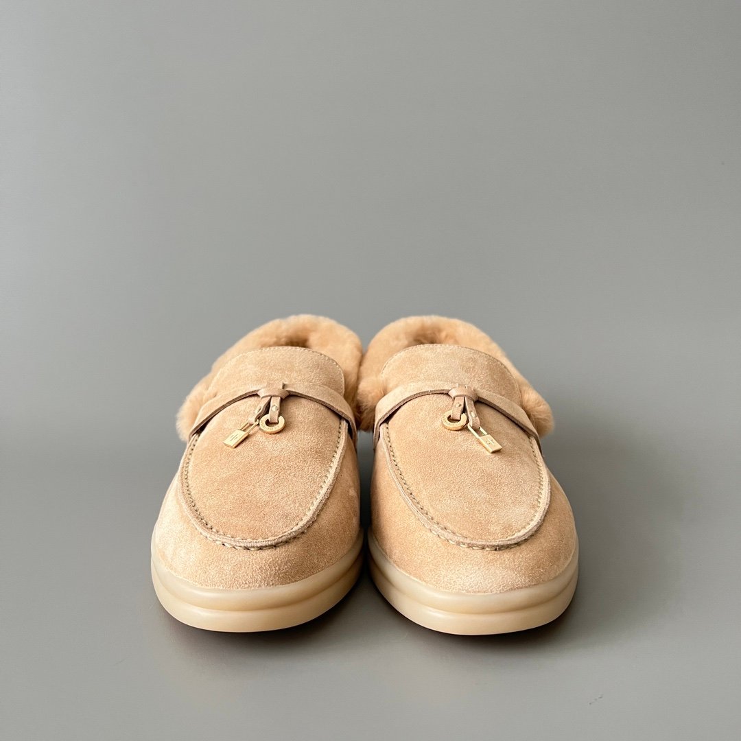 Aurora Custom Loro Piana Classic Winter Walk Loafer - Oatmeal Beige Suede with Rex Rabbit Fur Lining & Gold Hardware Edition (Women's Edition) - Image 2
