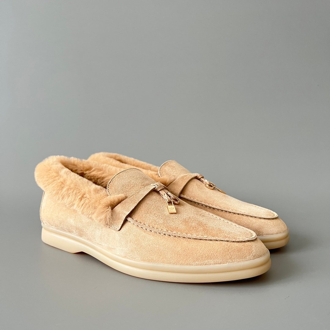 Aurora Custom Loro Piana Classic Winter Walk Loafer - Oatmeal Beige Suede with Rex Rabbit Fur Lining & Gold Hardware Edition (Women's Edition) - Image 3