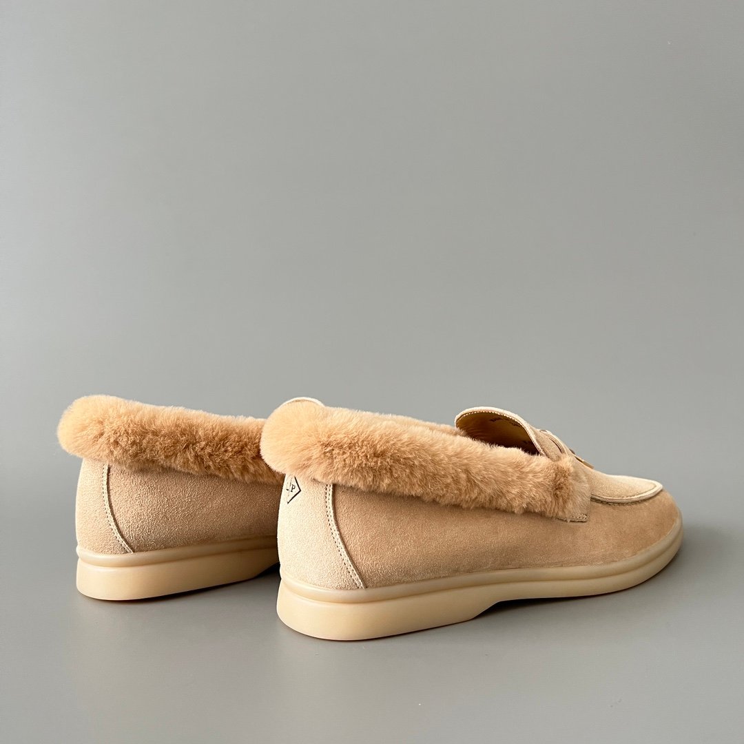 Aurora Custom Loro Piana Classic Winter Walk Loafer - Oatmeal Beige Suede with Rex Rabbit Fur Lining & Gold Hardware Edition (Women's Edition) - Image 4