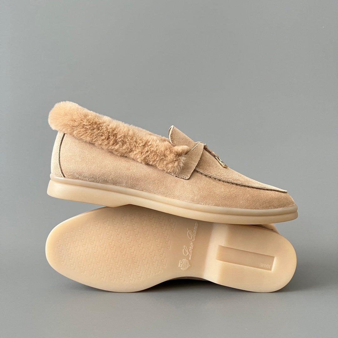 Aurora Custom Loro Piana Classic Winter Walk Loafer - Oatmeal Beige Suede with Rex Rabbit Fur Lining & Gold Hardware Edition (Women's Edition) - Image 6