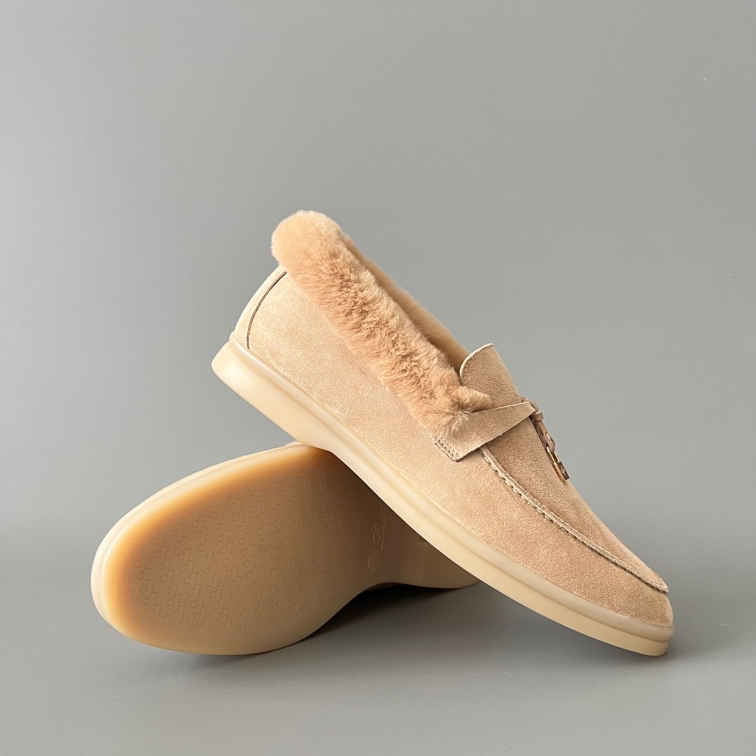 Aurora Custom Loro Piana Classic Winter Walk Loafer - Oatmeal Beige Suede with Rex Rabbit Fur Lining & Gold Hardware Edition (Women's Edition) - Image 7