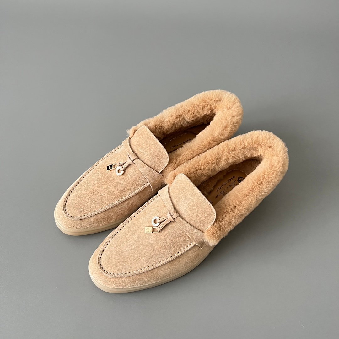 Aurora Custom Loro Piana Classic Winter Walk Loafer - Oatmeal Beige Suede with Rex Rabbit Fur Lining & Gold Hardware Edition (Women's Edition) - Image 8