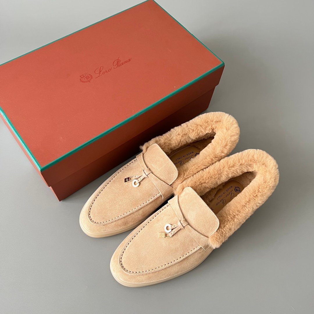 Aurora Custom Loro Piana Classic Winter Walk Loafer - Oatmeal Beige Suede with Rex Rabbit Fur Lining & Gold Hardware Edition (Women's Edition) - Image 9
