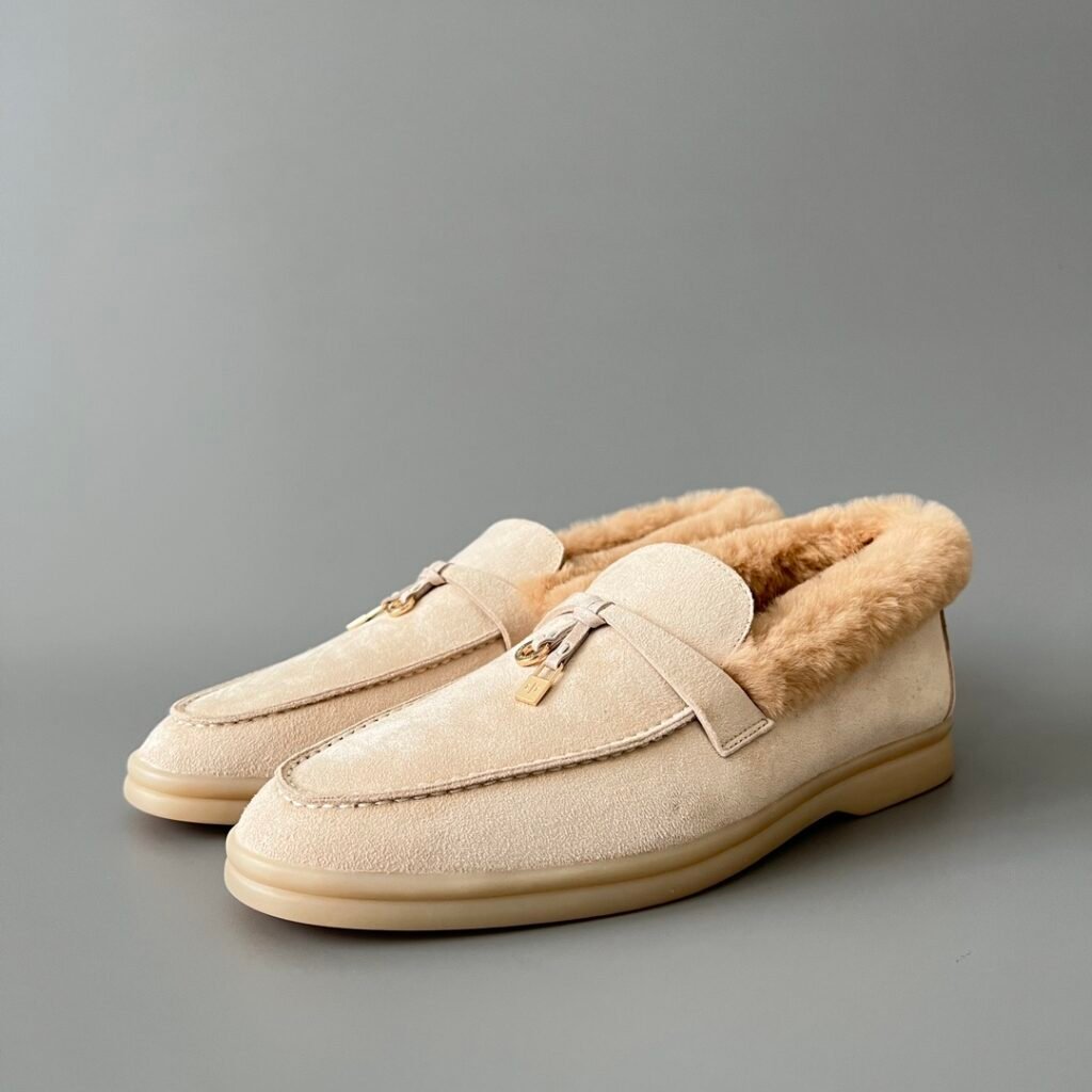 Aurora Custom Loro Piana Classic Winter Walk Loafer - Light Brown Suede with Rex Rabbit Fur Lining & Gold Hardware Edition (Women's Edition)