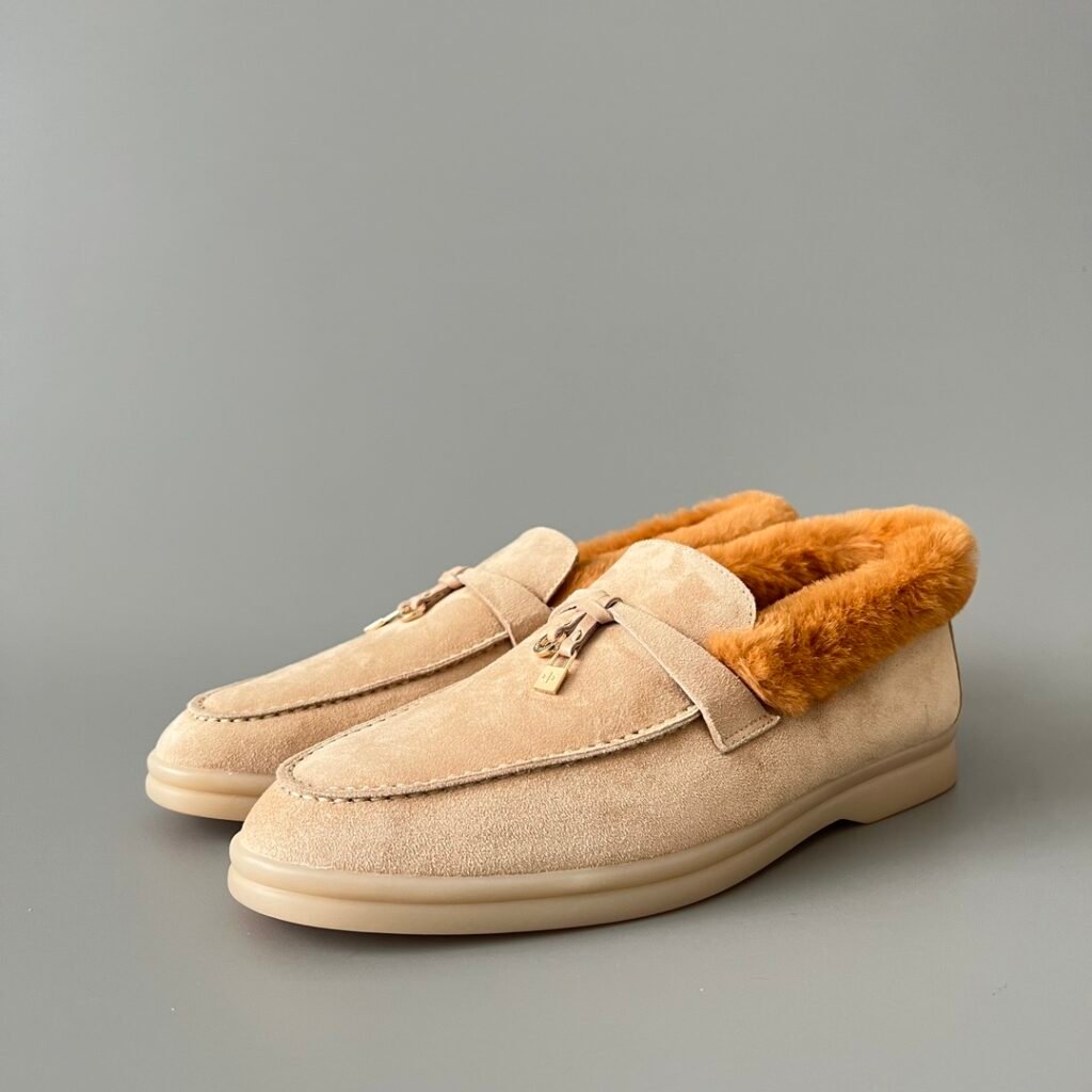 Aurora Custom Loro Piana Classic Winter Walk Loafer - Oatmeal Beige Suede with Contrast Caramel Fur Lining (Women's Edition)