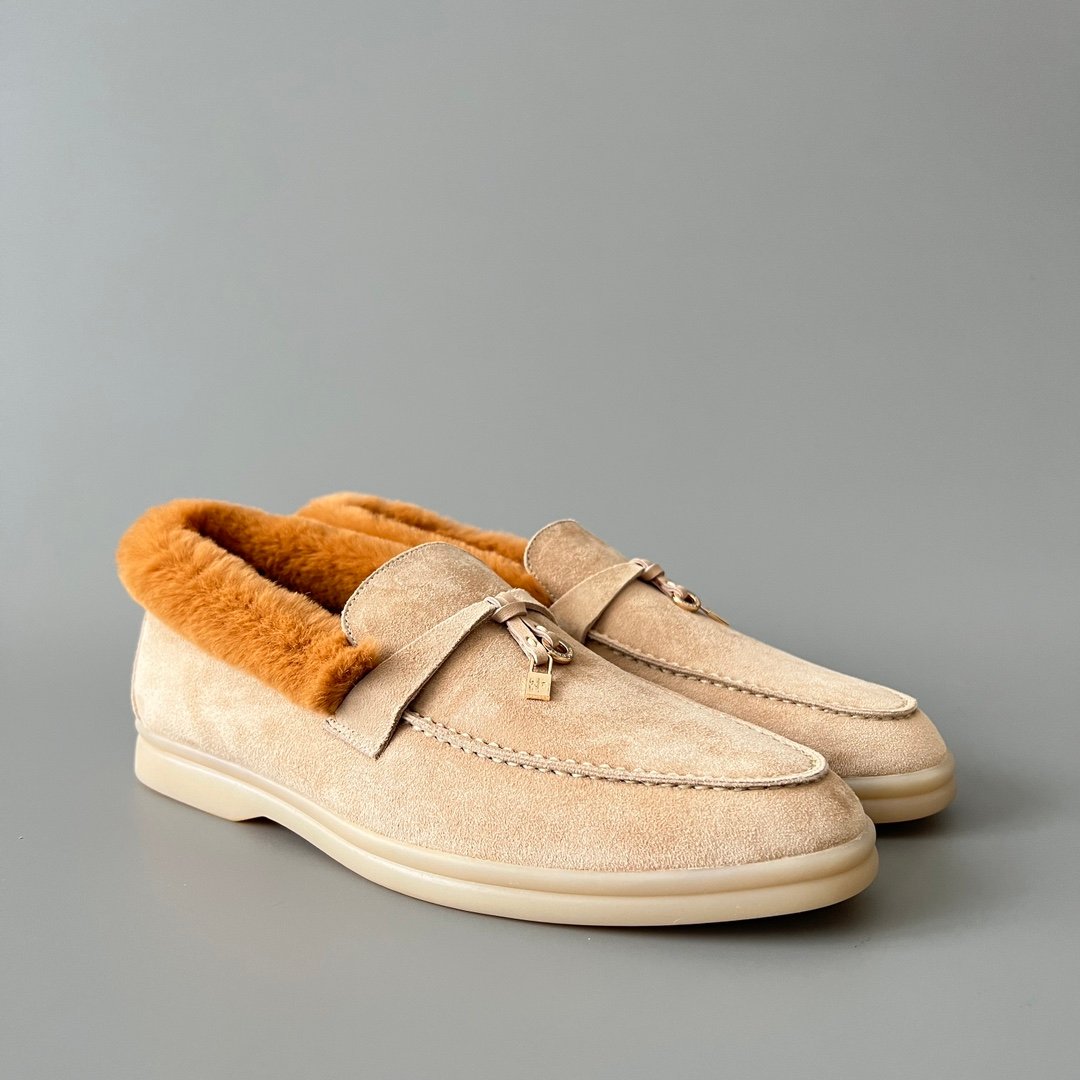 Aurora Custom Loro Piana Classic Winter Walk Loafer - Oatmeal Beige Suede with Contrast Caramel Fur Lining (Women's Edition) - Image 3