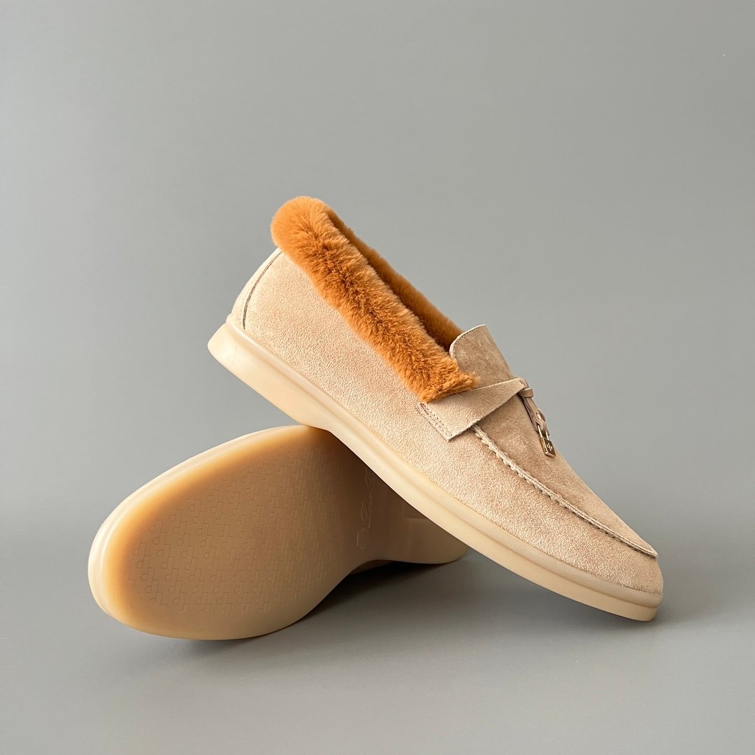 Aurora Custom Loro Piana Classic Winter Walk Loafer - Oatmeal Beige Suede with Contrast Caramel Fur Lining (Women's Edition) - Image 7