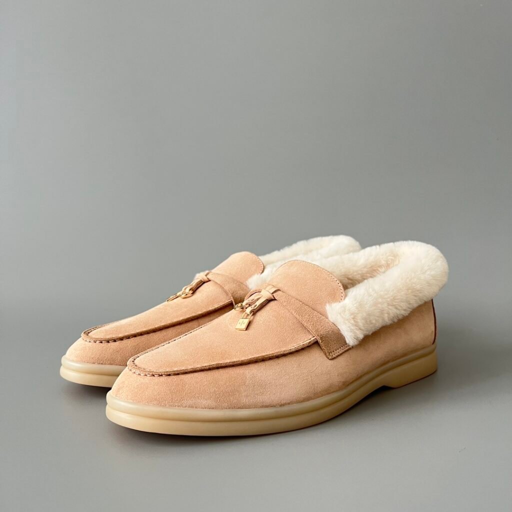 Aurora Custom Loro Piana Classic Winter Walk Loafer - Apricot Sand Suede with White Rex Rabbit Fur Lining & Gold Hardware Edition (Women's Edition)