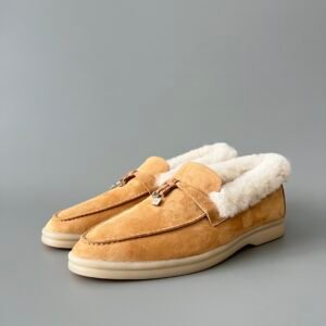 Aurora Custom Loro Piana Classic Winter Walk Loafer - Ginger Suede with White Rex Rabbit Fur Lining & Silver Hardware Edition (Women's Edition)