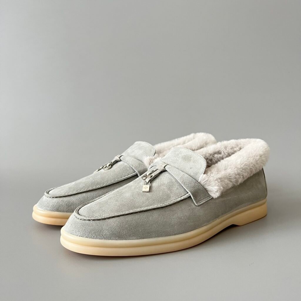 Aurora Custom Loro Piana Classic Winter Walk Loafer - Glacier Grey Suede with Enclosed Rex Rabbit Fur Lining & Silver Hardware Edition (Women's Edition)