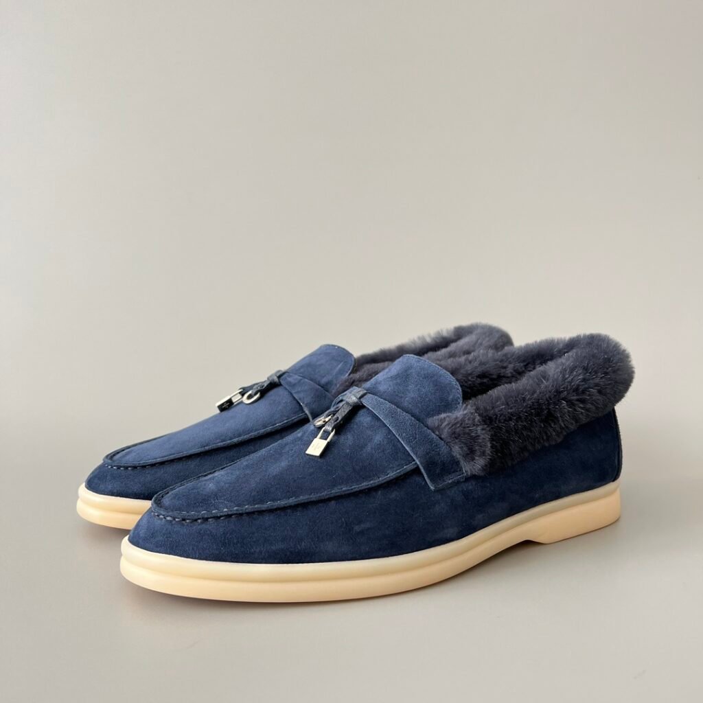 Aurora Custom Loro Piana Classic Winter Walk Loafer - Midnight Navy Suede with Enclosed Rex Rabbit Fur Lining & Silver Hardware Edition (Women's Edition)