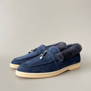 Aurora Custom Loro Piana Classic Winter Walk Loafer - Midnight Navy Suede with Enclosed Rex Rabbit Fur Lining & Silver Hardware Edition (Women's Edition)