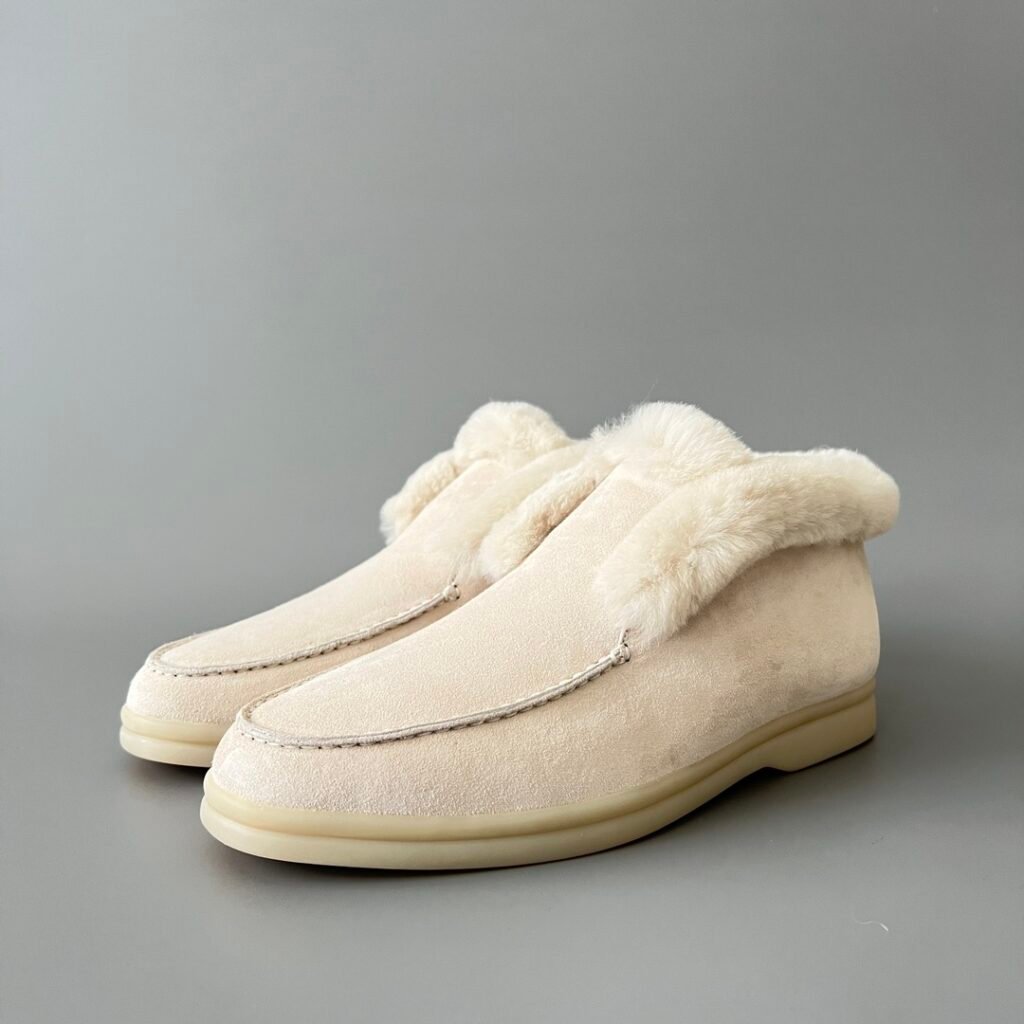 Aurora Custom Loro Piana Classic Winter Mid-Top Walk Loafer - Alabaster Suede with Rex Rabbit Fur Lining (Women's Edition)