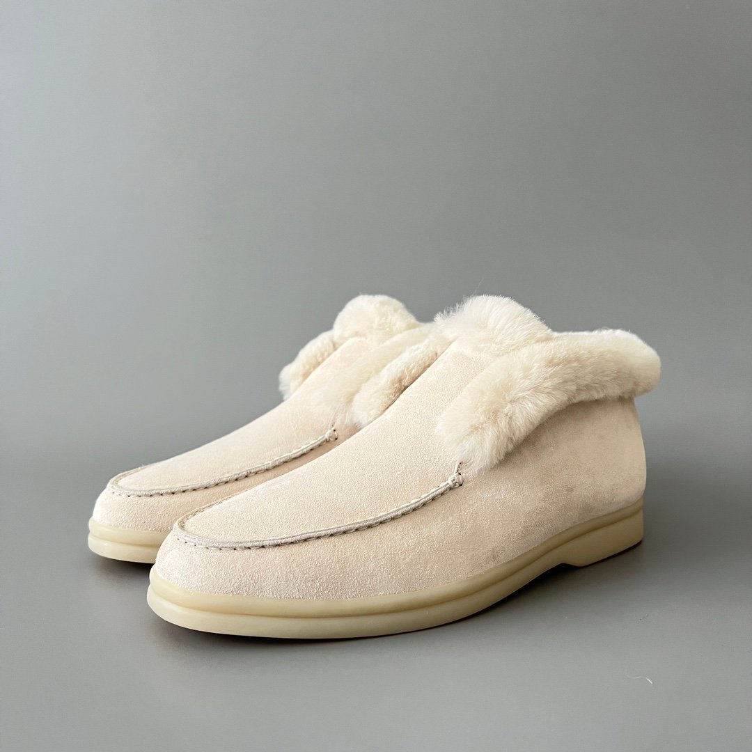 Aurora Custom Loro Piana Classic Winter Mid-Top Walk Loafer - Alabaster Suede with Rex Rabbit Fur Lining (Women's Edition)