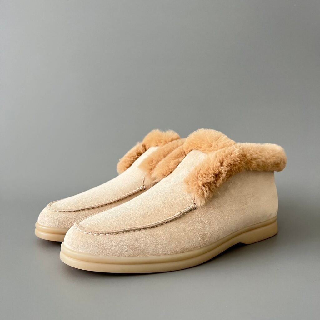 Aurora Custom Loro Piana Classic Winter Mid-Top Walk Loafer - Oatmeal Beige Suede with Contrast Caramel Fur Lining (Women's Edition)