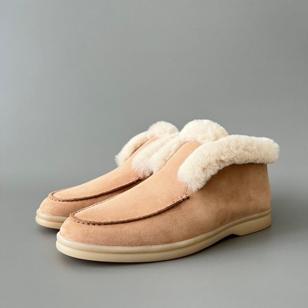 Aurora Custom Loro Piana Classic Winter Mid-Top Walk Loafer - Apricot Sand Suede with White Rex Rabbit Fur Lining (Women's Edition)