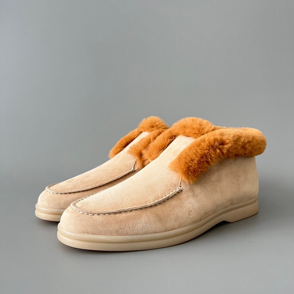 Aurora Custom Loro Piana Classic Winter Mid-Top Walk Loafer - Oatmeal Beige Suede with Contrast Caramel Fur Lining (Women's Edition)