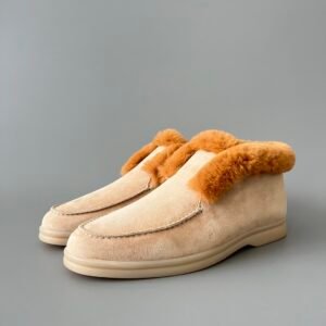 Aurora Custom Loro Piana Classic Winter Mid-Top Walk Loafer - Oatmeal Beige Suede with Contrast Caramel Fur Lining (Women's Edition)