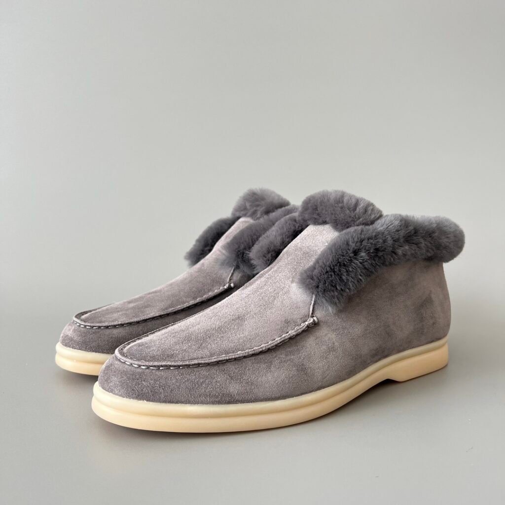 Aurora Custom Loro Piana Classic Winter Mid-Top Walk Loafer - Elephant Grey Suede with Rex Rabbit Fur Lining (Women's Edition)