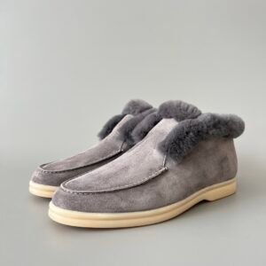 Aurora Custom Loro Piana Classic Winter Mid-Top Walk Loafer - Elephant Grey Suede with Rex Rabbit Fur Lining (Women's Edition)