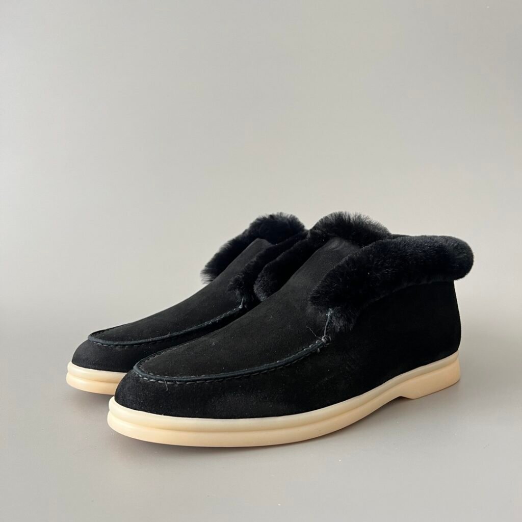 Aurora Custom Loro Piana Classic Winter Mid-Top Walk Loafer - Midnight Black Suede with Matching Black Rex Rabbit Fur Lining (Women's Edition)