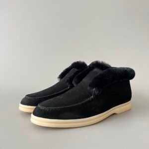 Aurora Custom Loro Piana Classic Winter Mid-Top Walk Loafer - Midnight Black Suede with Matching Black Rex Rabbit Fur Lining (Women's Edition)