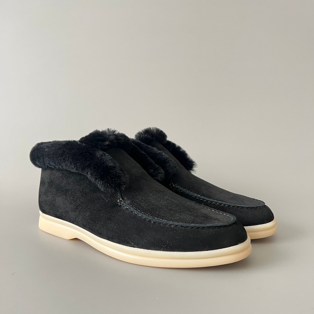 Aurora Custom Loro Piana Classic Winter Mid-Top Walk Loafer - Midnight Black Suede with Matching Black Rex Rabbit Fur Lining (Women's Edition) - Image 3