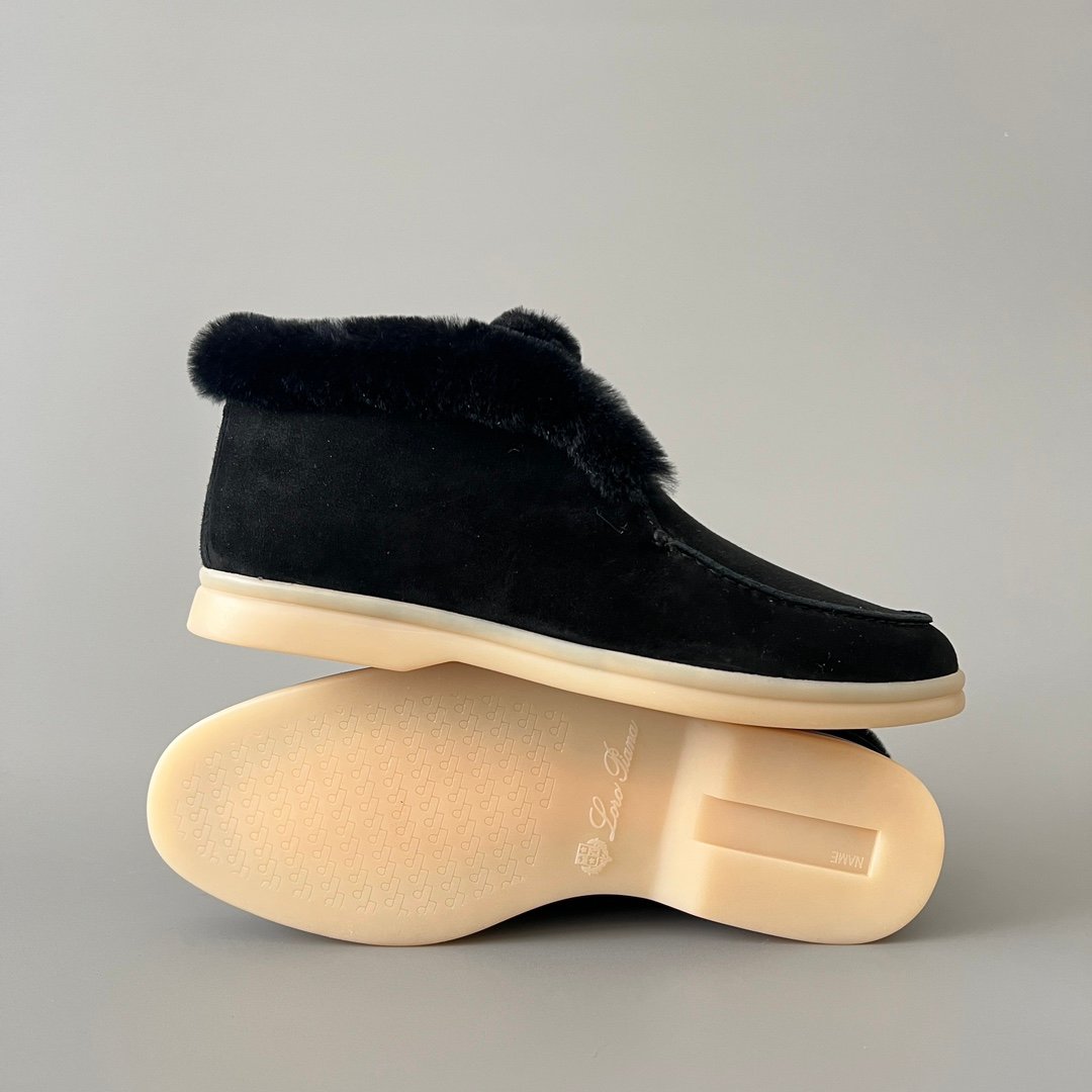 Aurora Custom Loro Piana Classic Winter Mid-Top Walk Loafer - Midnight Black Suede with Matching Black Rex Rabbit Fur Lining (Women's Edition) - Image 6