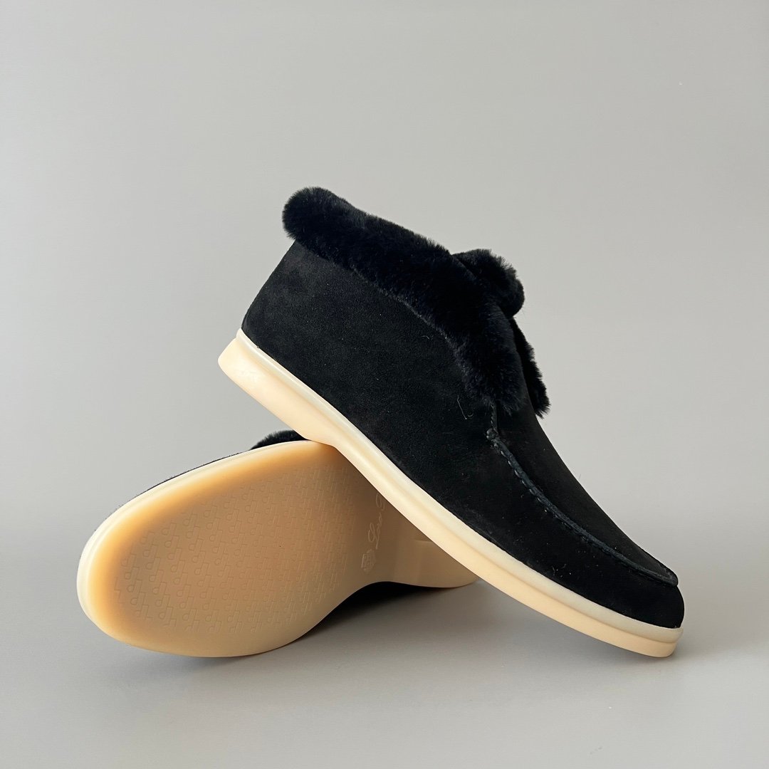 Aurora Custom Loro Piana Classic Winter Mid-Top Walk Loafer - Midnight Black Suede with Matching Black Rex Rabbit Fur Lining (Women's Edition) - Image 7