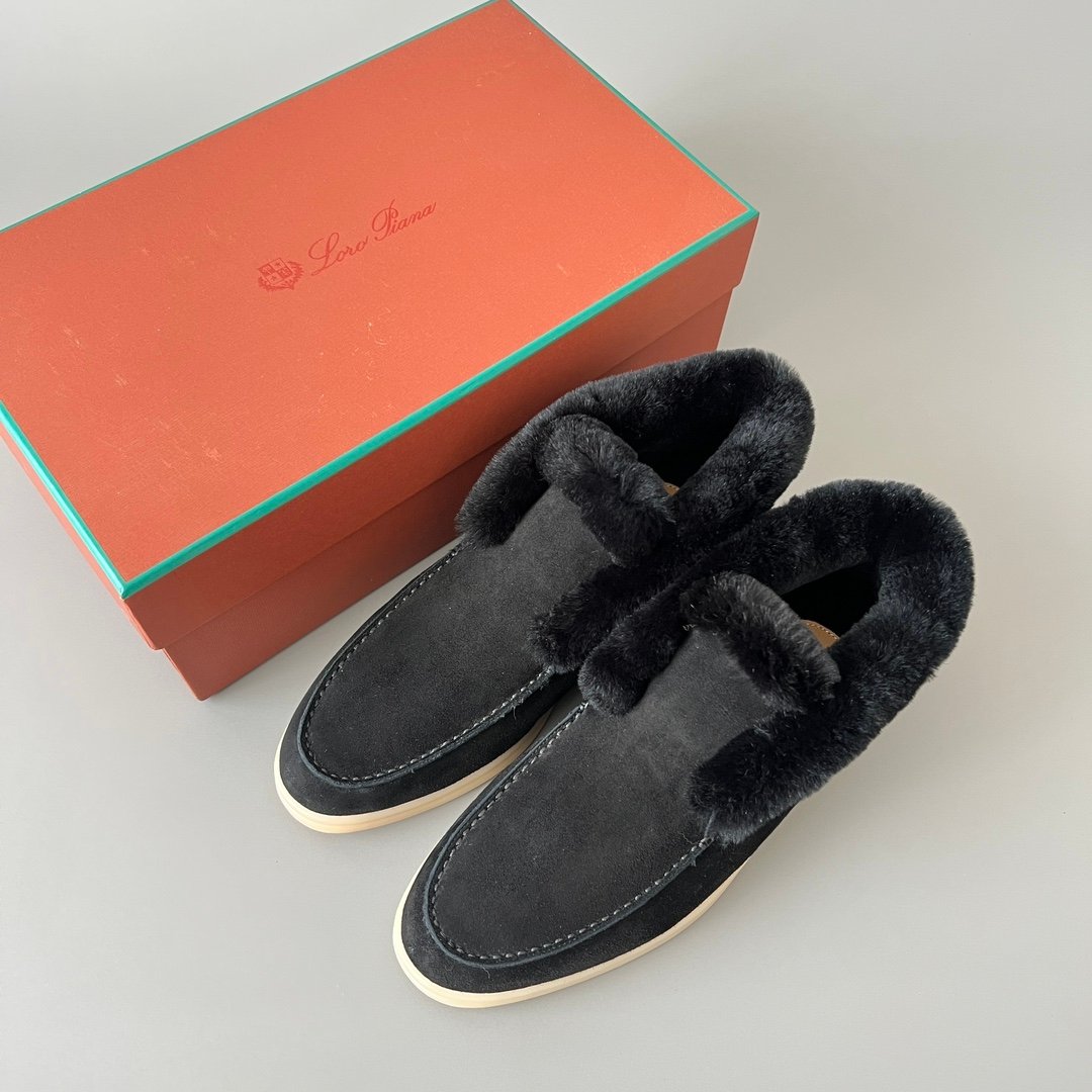 Aurora Custom Loro Piana Classic Winter Mid-Top Walk Loafer - Midnight Black Suede with Matching Black Rex Rabbit Fur Lining (Women's Edition) - Image 9