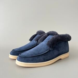 Aurora Custom Loro Piana Classic Winter Mid-Top Walk Loafer - Midnight Navy Suede with Matching Navy Rex Rabbit Fur Lining (Women's Edition)