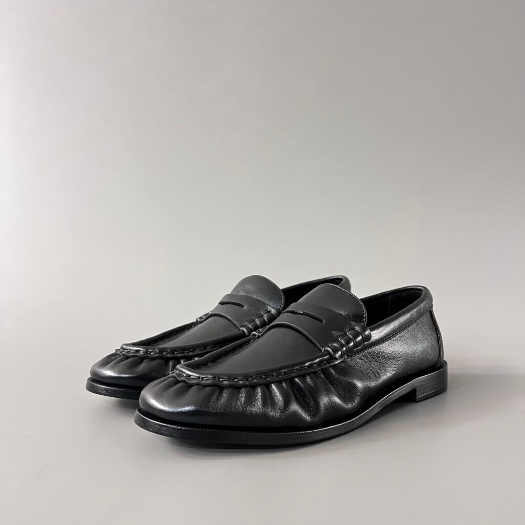 AuroraCustom Saint Laurent Penny Series Smooth Leather Ruched Loafers (Stealth Noir Black & Hand-Stitch Genuine Leather Sole Edition)