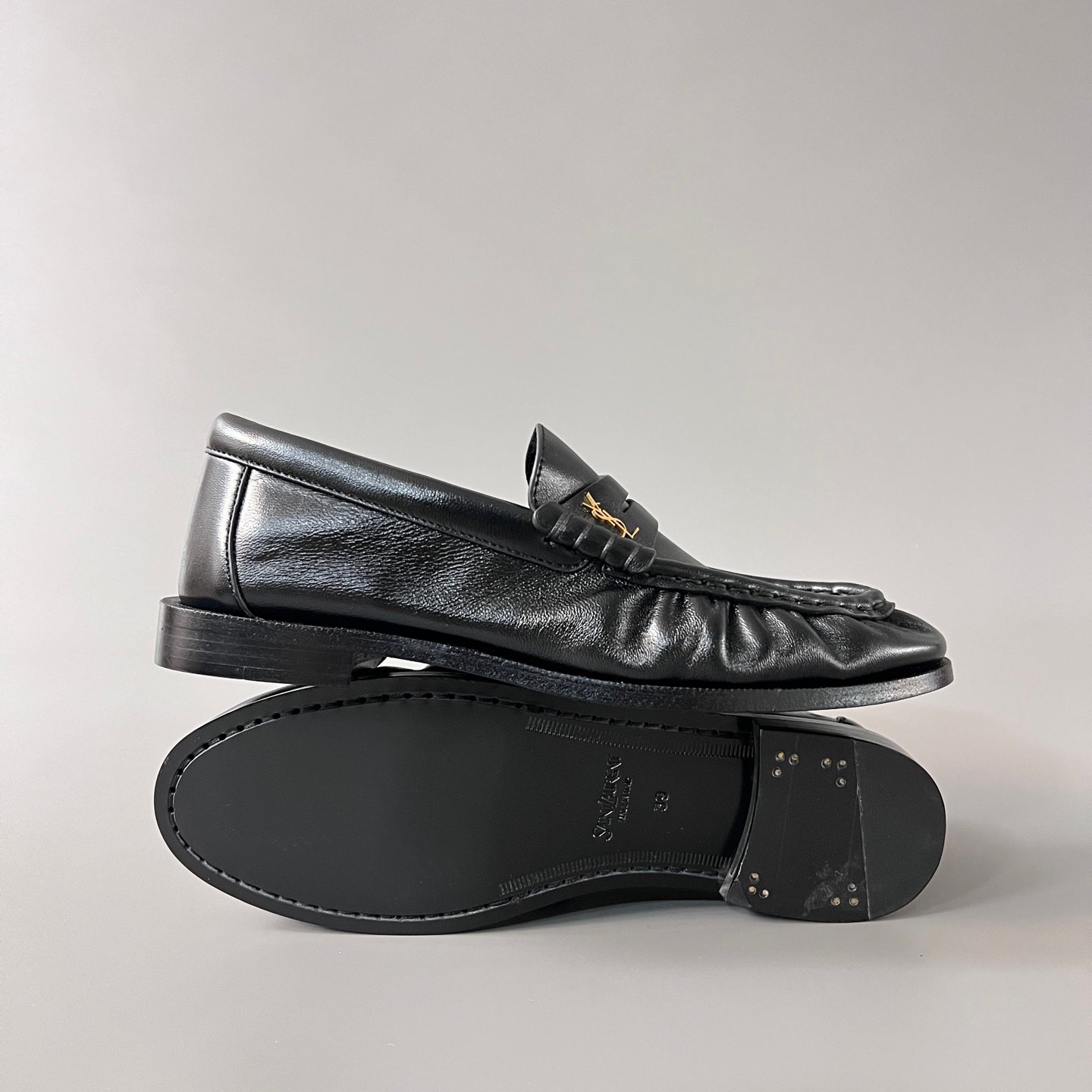 AuroraCustom Saint Laurent Penny Series Smooth Leather Ruched Loafers (Stealth Noir Black & Hand-Stitch Genuine Leather Sole Edition) - Image 6
